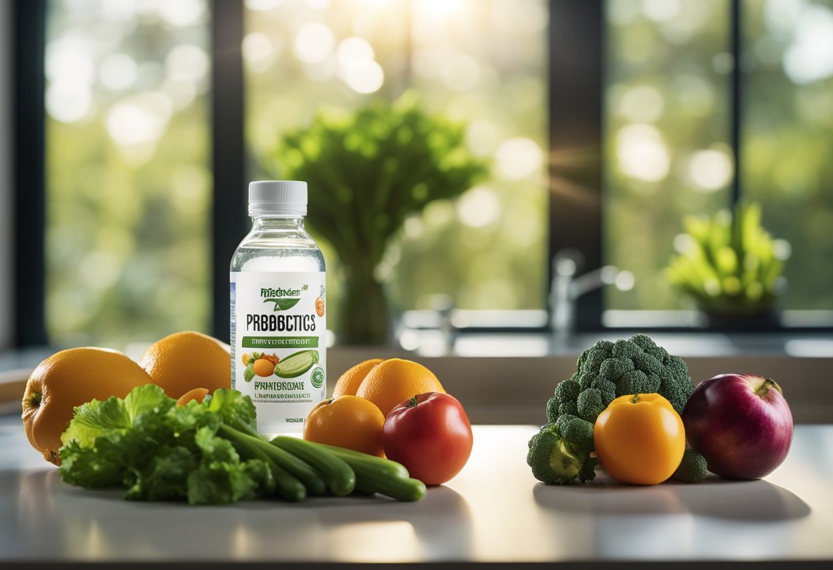 A bottle of liquid probiotics sits on a kitchen counter, surrounded by fresh fruits and vegetables. Rays of sunlight filter through the window, highlighting the vibrant colors of the produce and the clear bottle of probiotics