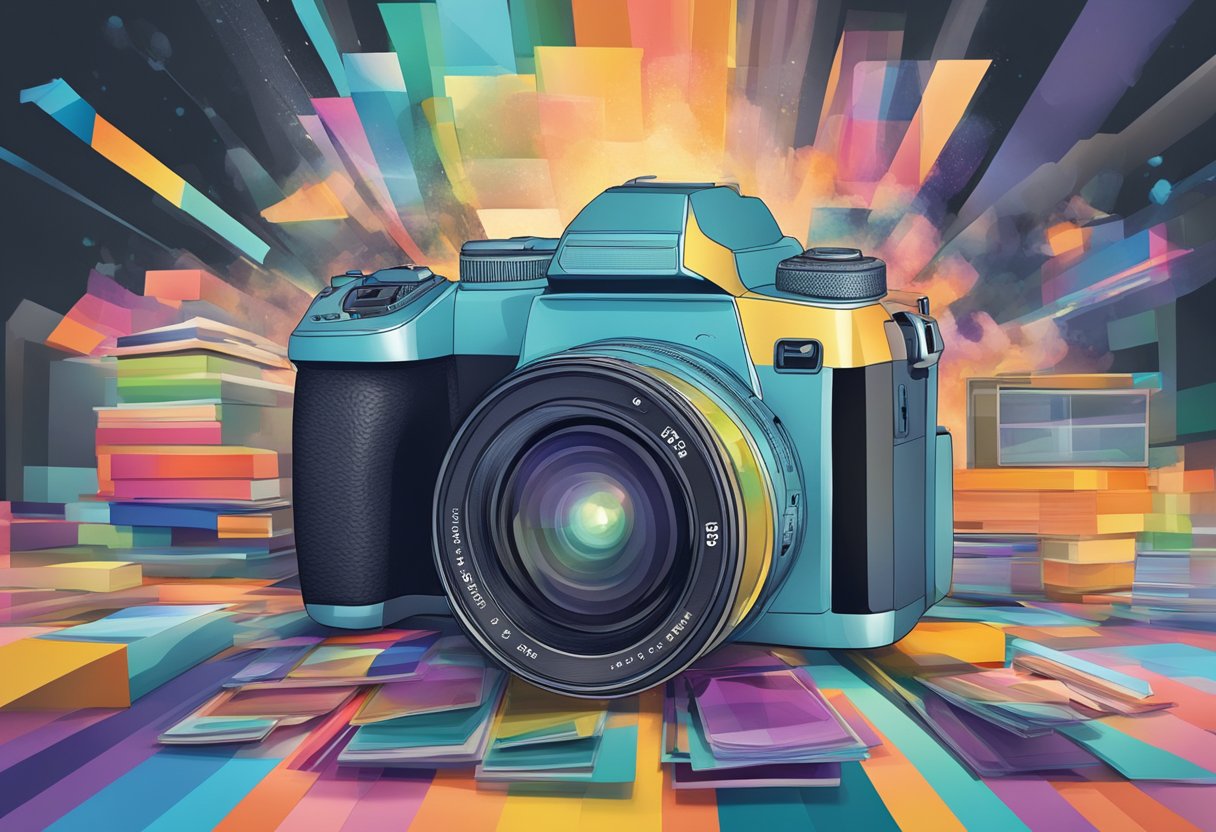 A camera with a stack of images being processed, altering colors and textures, creating a visual perception