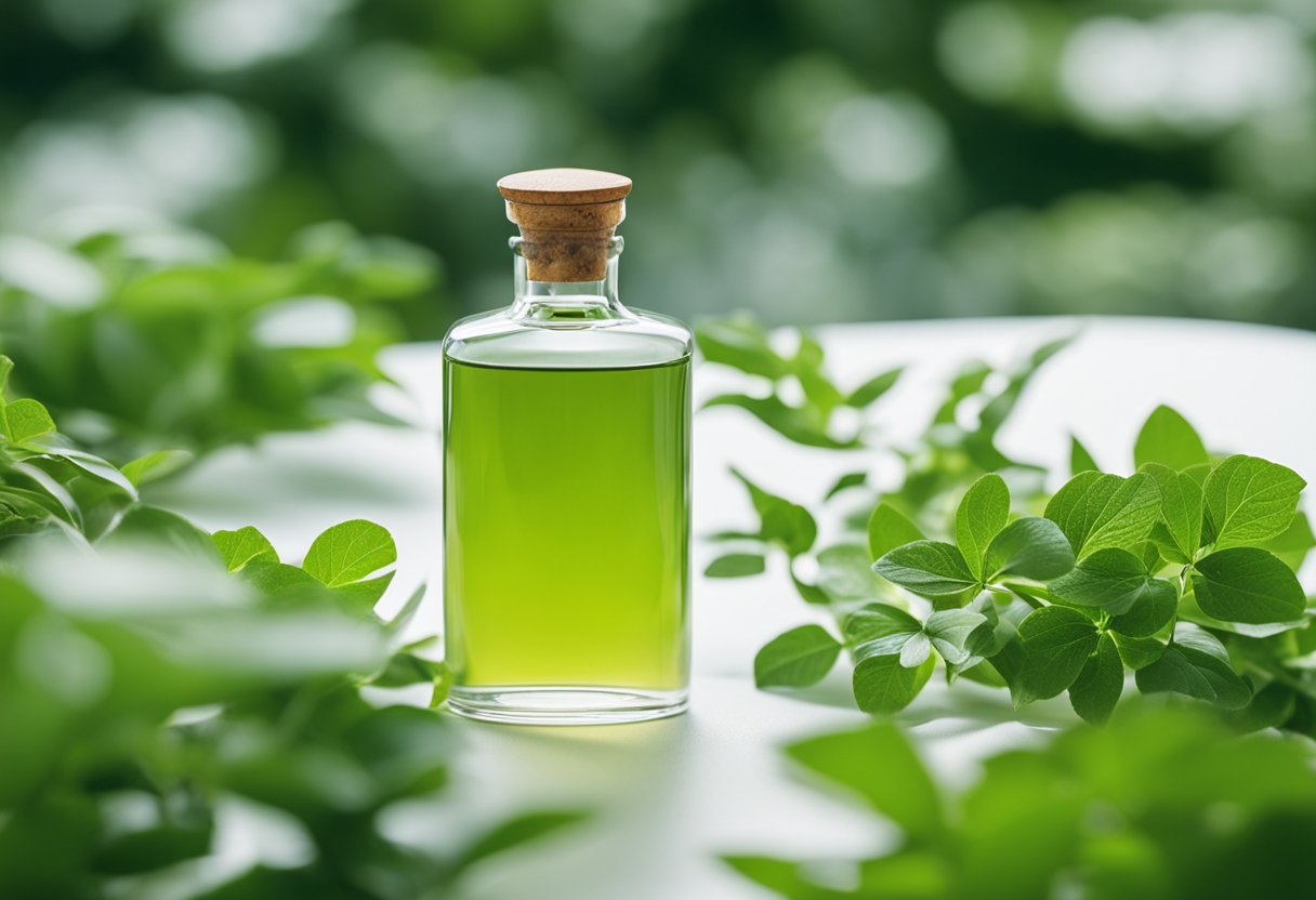 A bottle of L. casei Shirota stands on a clean, white surface with a backdrop of fresh, green foliage
