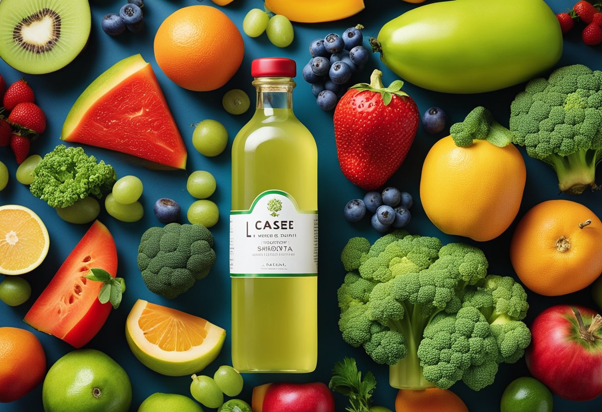 A bottle of l. casei shirota surrounded by colorful fruits and vegetables, with a glowing halo to symbolize its health benefits