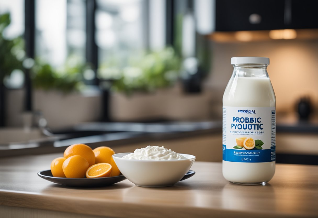 A glass of probiotic-rich yogurt sits on a kitchen counter next to a bottle of supplements, with a bowl of fresh fruits in the background