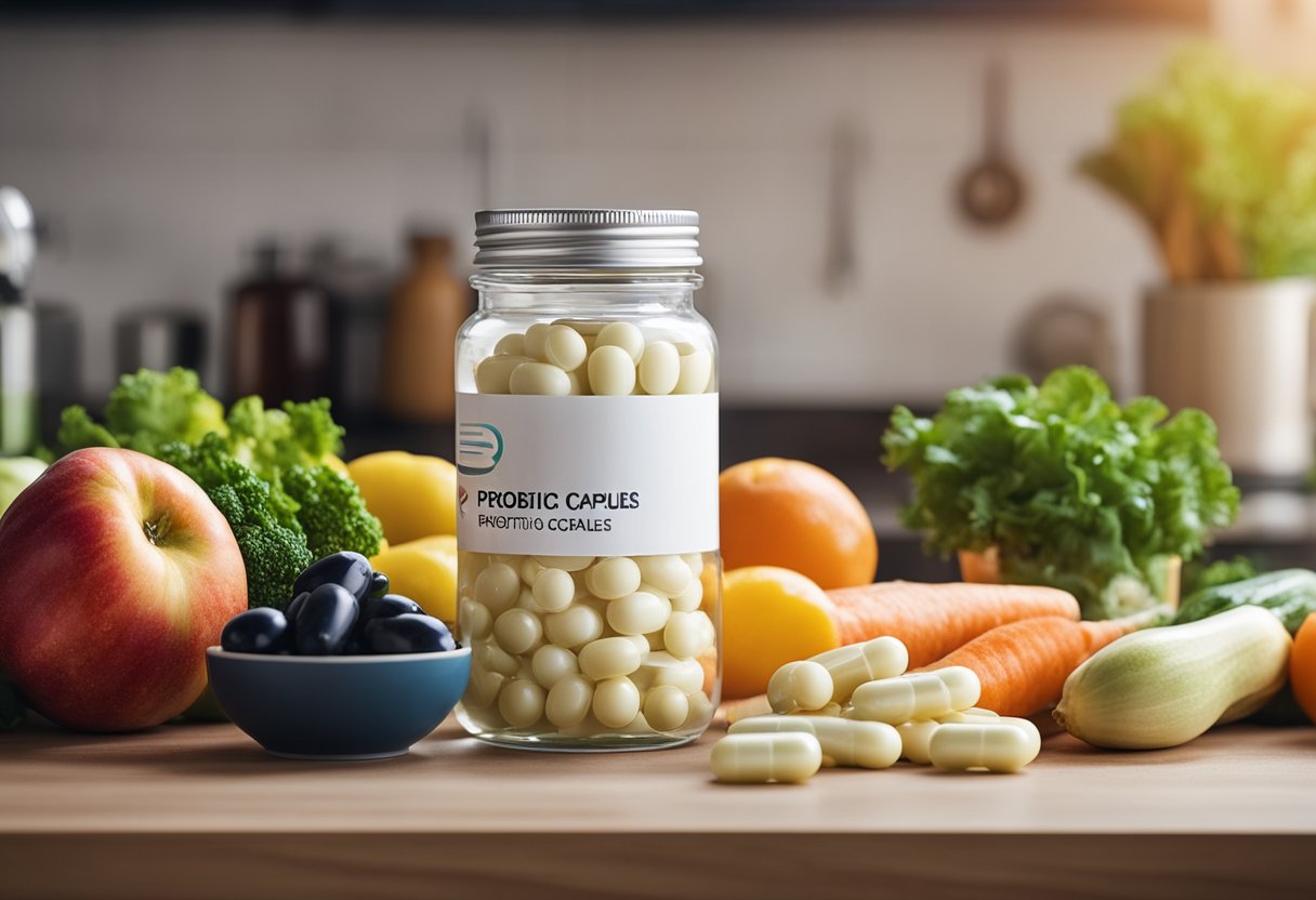 A jar of probiotic capsules sits on a kitchen counter, next to a bowl of fresh fruits and vegetables. A digestive system diagram hangs on the wall behind it