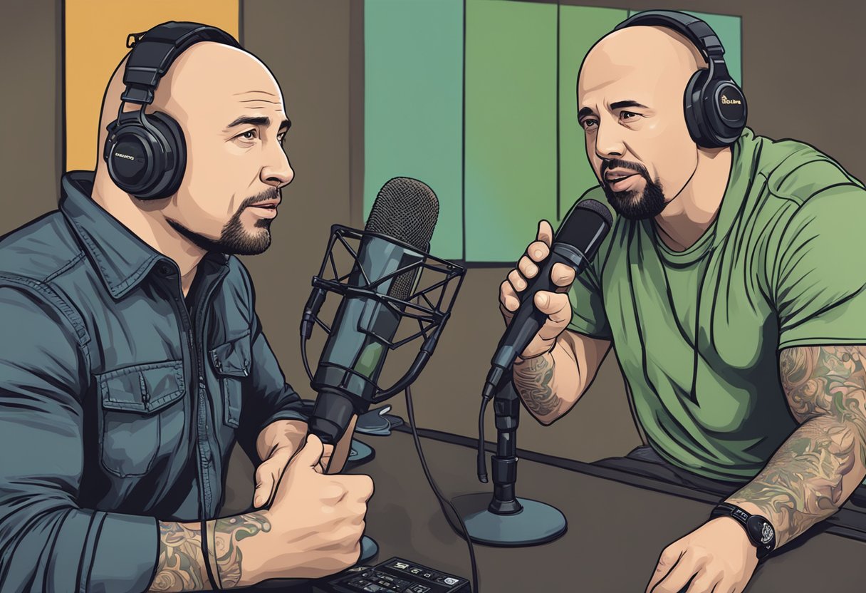 Joe Rogan and Brian Shaw discussing frequently asked questions, with microphones and recording equipment present