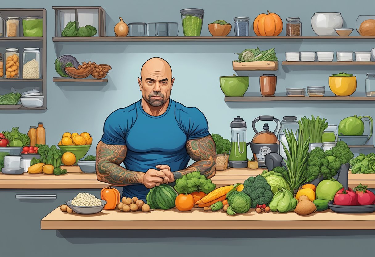 Joe Rogan exercises, focusing on nutrition and diet. He lifts weights and eats healthy foods like fruits and vegetables