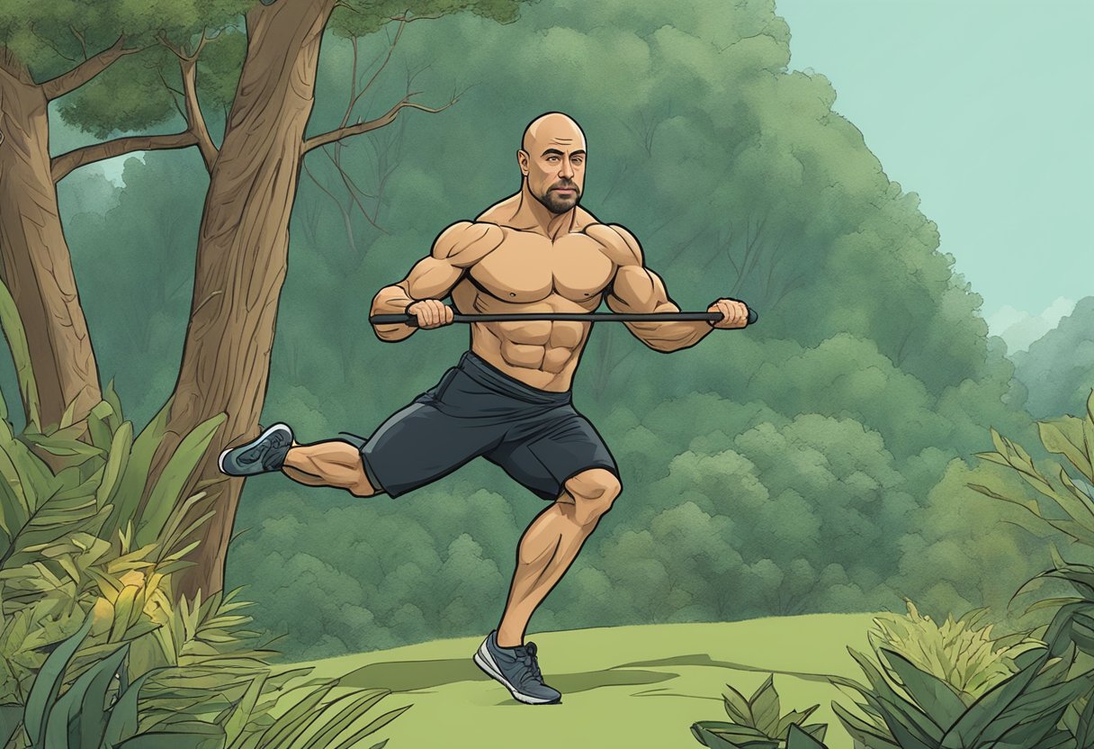 Joe Rogan exercises outdoors, surrounded by nature, with a focus on strength and agility. He incorporates a variety of movements and equipment to maintain his overall wellness