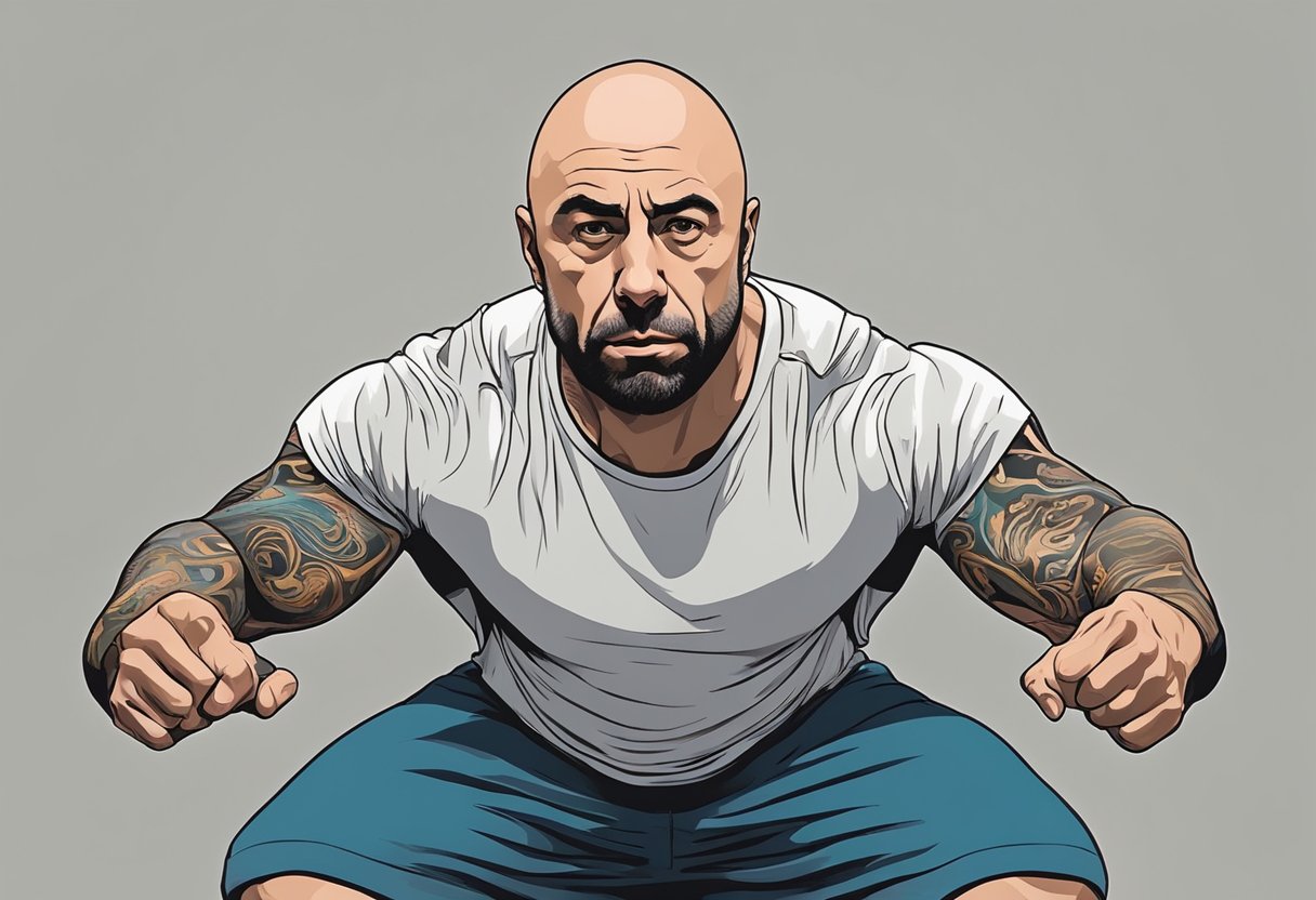 Joe Rogan vigorously exercises, sweat dripping, as his mind and body interrelate in harmony. The intense focus and physical exertion create a powerful connection between his mental and physical states
