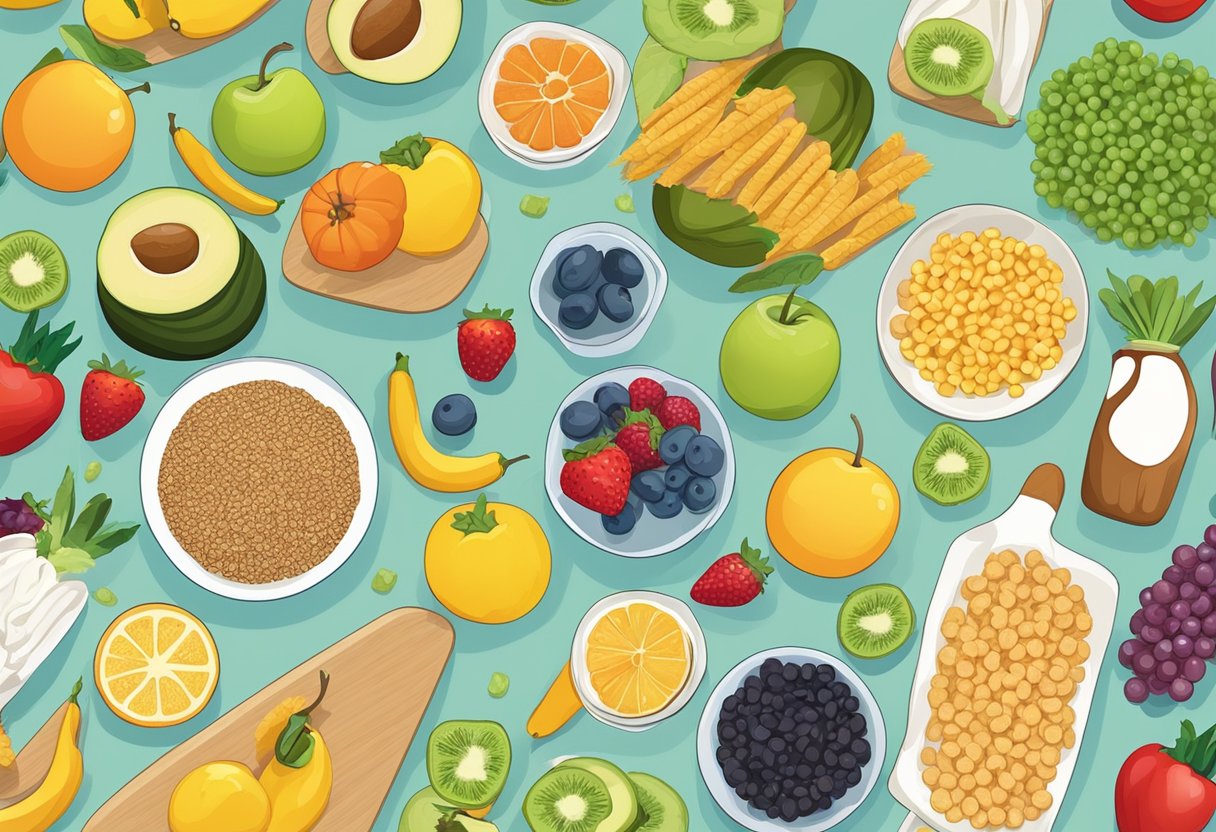 A table with fruits, vegetables, and whole grains, which are sugary food alternatives next to sugary snacks