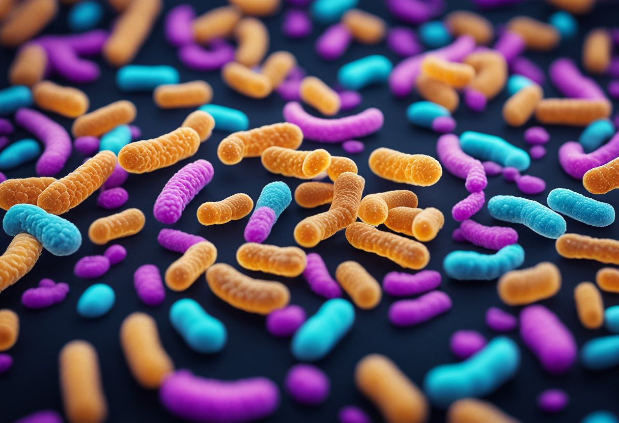 A group of lactobacillus rhamnosus gg bacteria thriving in a nutrient-rich environment, with vibrant colors and a sense of vitality