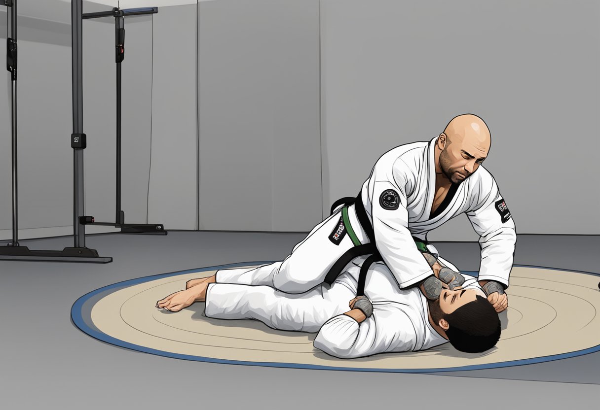 Joe Rogan demonstrating BJJ techniques in a studio with a grappling mat and a dummy