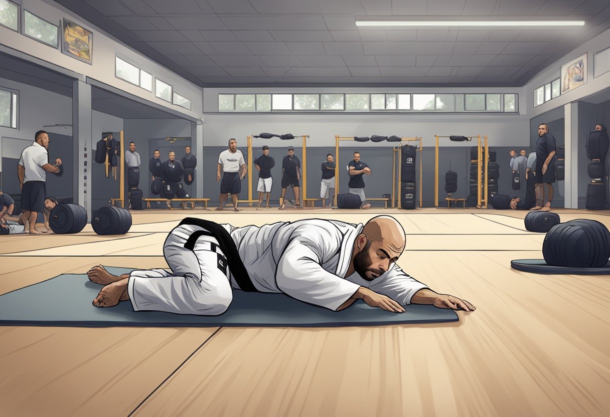 Joe Rogan demonstrating BJJ techniques in a gym setting, with mats on the floor and training equipment in the background