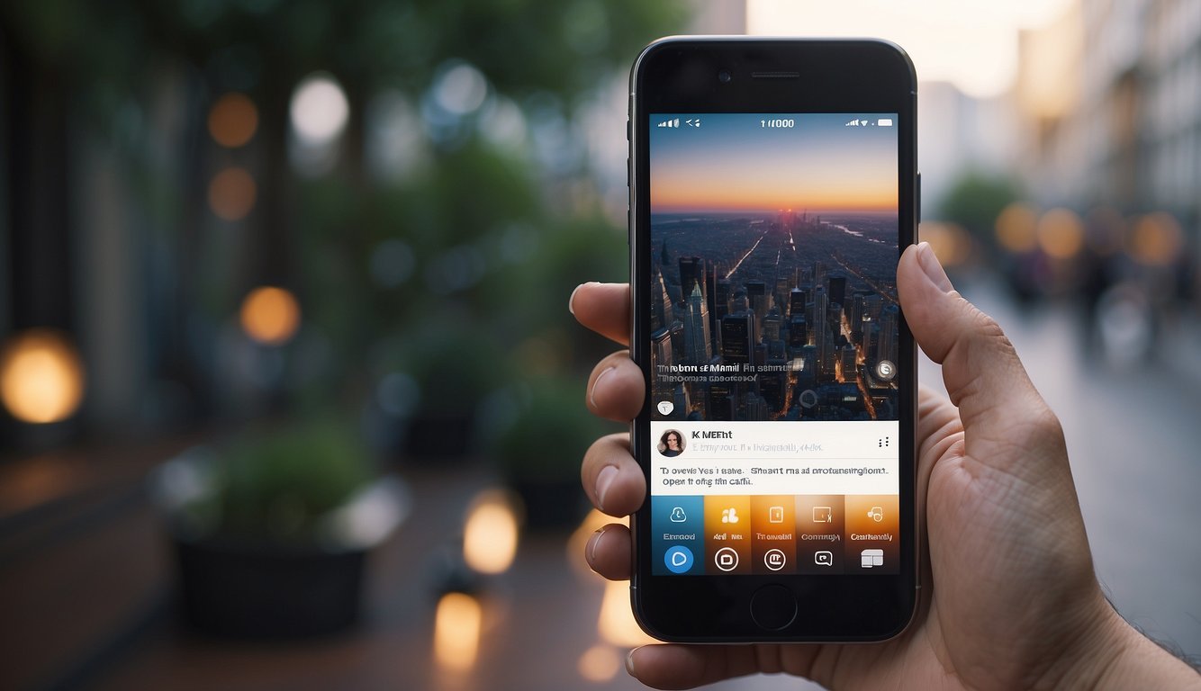 A smartphone with Instagram app open, showing a short film poster, hashtags, and a captivating caption. A finger taps the "share" button