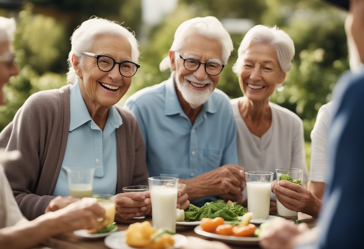 A group of elderly individuals are seen happily consuming probiotic-rich foods and drinks, such as yogurt, kefir, and fermented vegetables, to support their digestive health