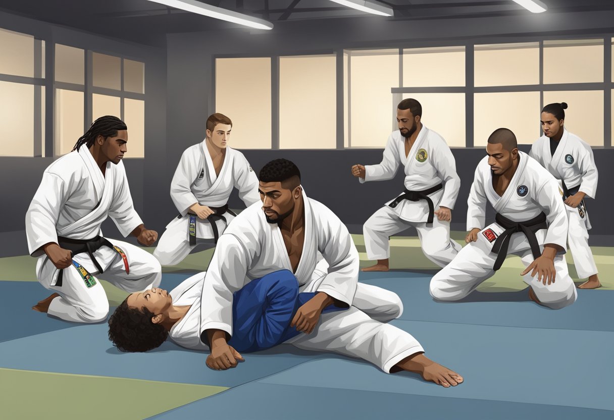 A group of people from diverse cultural backgrounds practicing Brazilian Jiu-Jitsu in a mainstream setting, reflecting the influence of different cultures on the sport