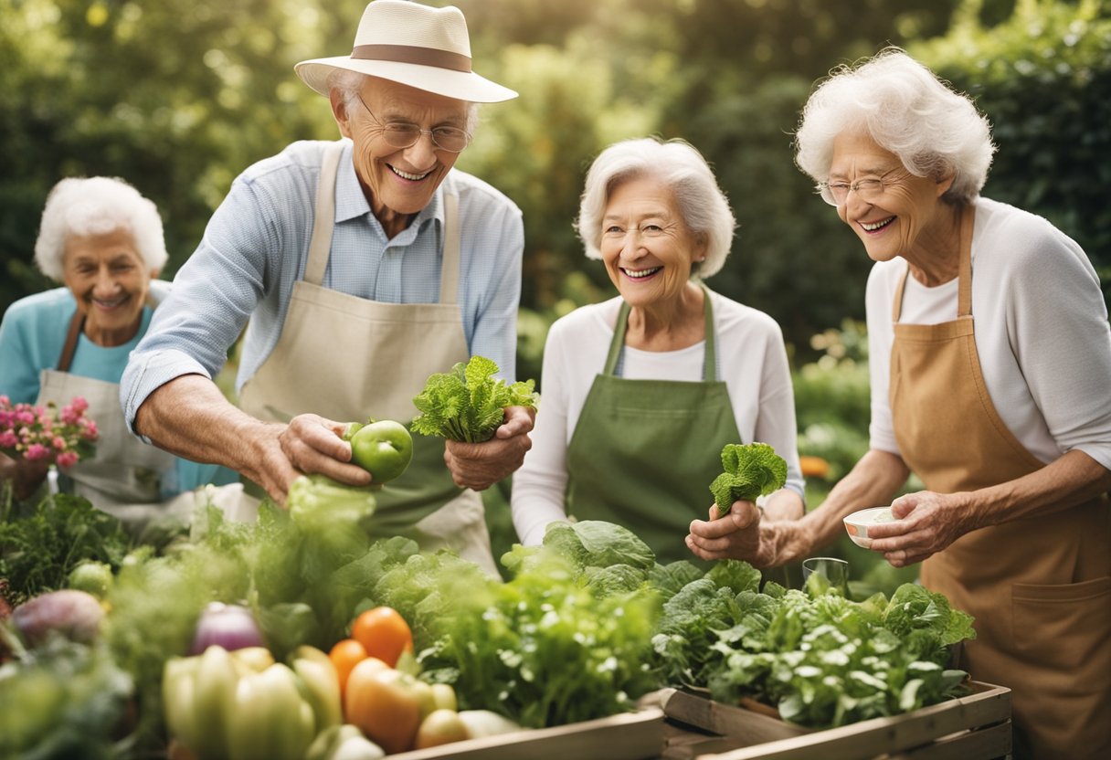 A group of elderly individuals are shown smiling and engaging in various activities, such as gardening, reading, and walking, while surrounded by vibrant and diverse sources of probiotics, such as yogurt, kefir, and fermented vegetables