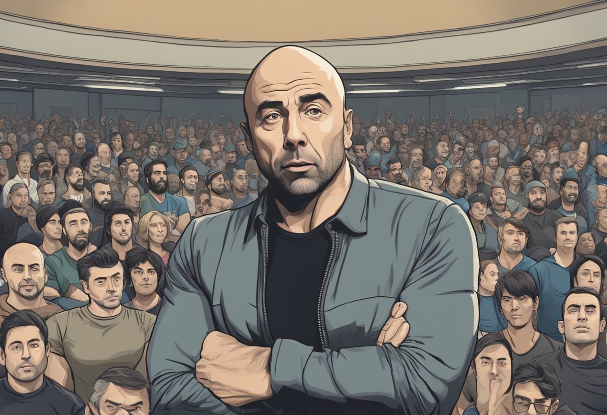 Joe Rogan passionately discusses motivation, gesturing with hands. Audience listens intently. Background features motivational quotes and gym equipment
