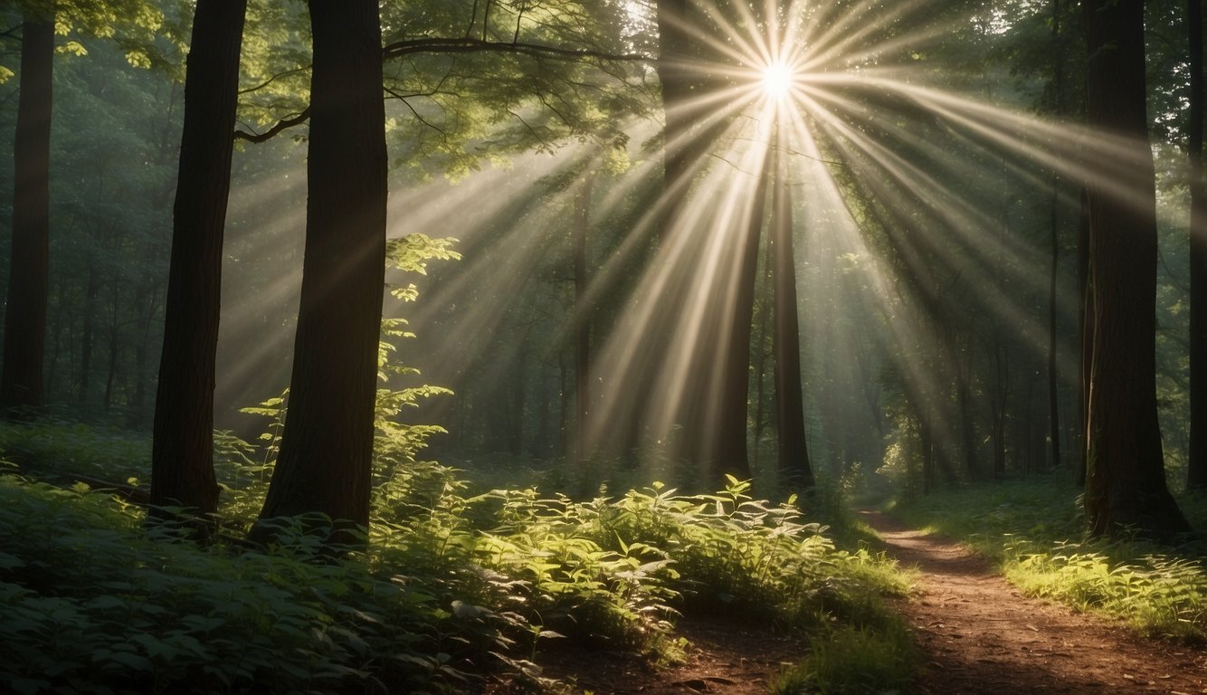 A serene forest clearing with rays of light filtering through the trees, creating a sense of peace and connection. A gentle breeze rustles the leaves, while a dove gracefully glides overhead, symbolizing the presence of the Holy Spirit