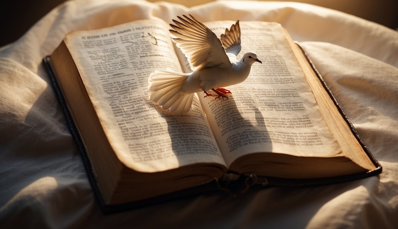 A dove hovers above an open Bible, radiating light and warmth, symbolizing the Holy Spirit's presence and guidance in developing a relationship