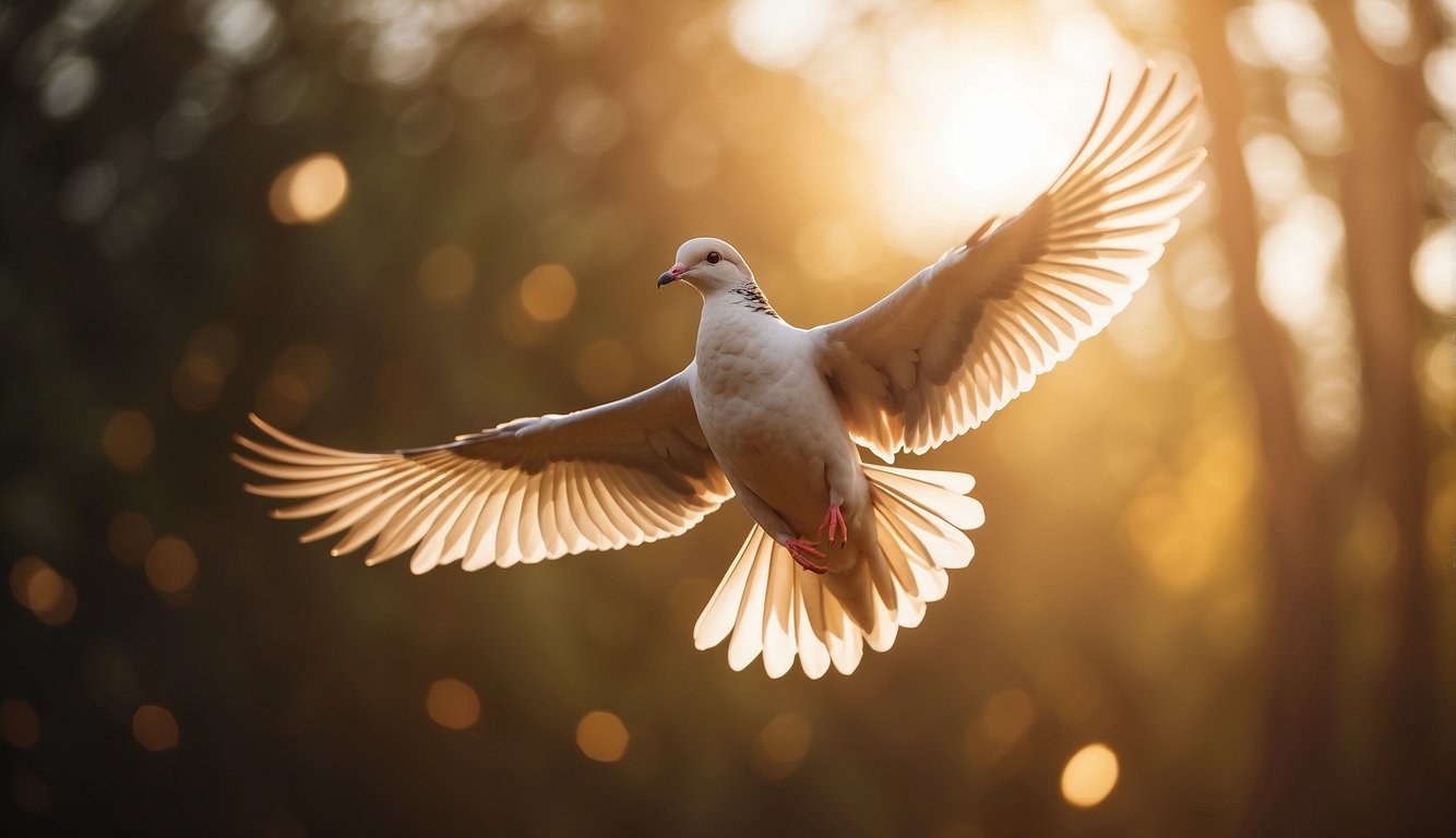 A radiant dove descends, surrounded by a warm, golden glow. The air is filled with a sense of peace and joy, as if the very atmosphere is alive with the presence of the Holy Spirit