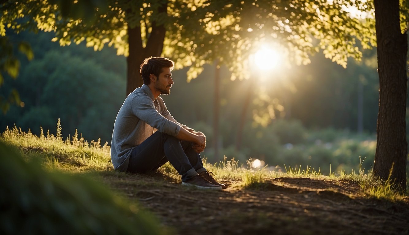 A person sits in quiet reflection, surrounded by nature. The sun shines through the trees, casting a warm glow. The person is at peace, feeling the presence of the Holy Spirit