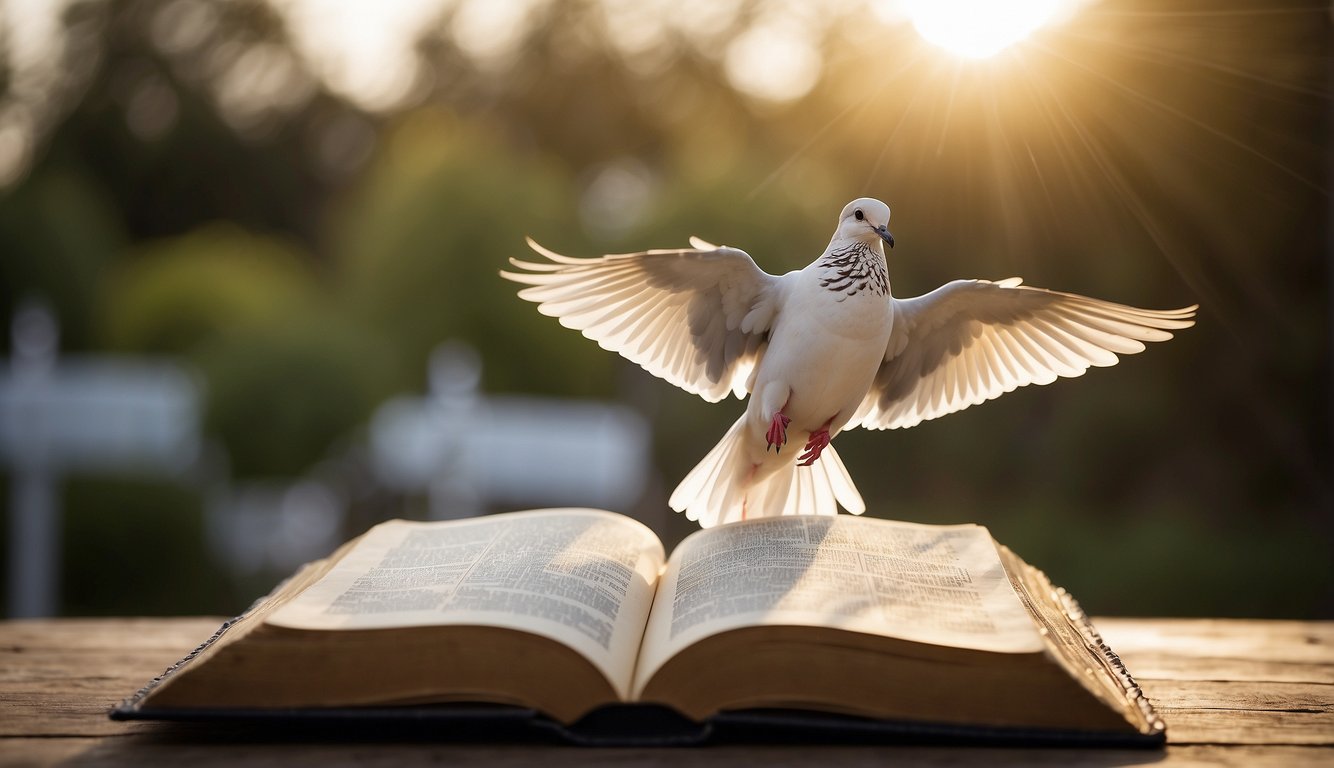 A dove hovers above an open Bible, radiating light and warmth, while a gentle breeze stirs the pages. A sense of peace and connection fills the air