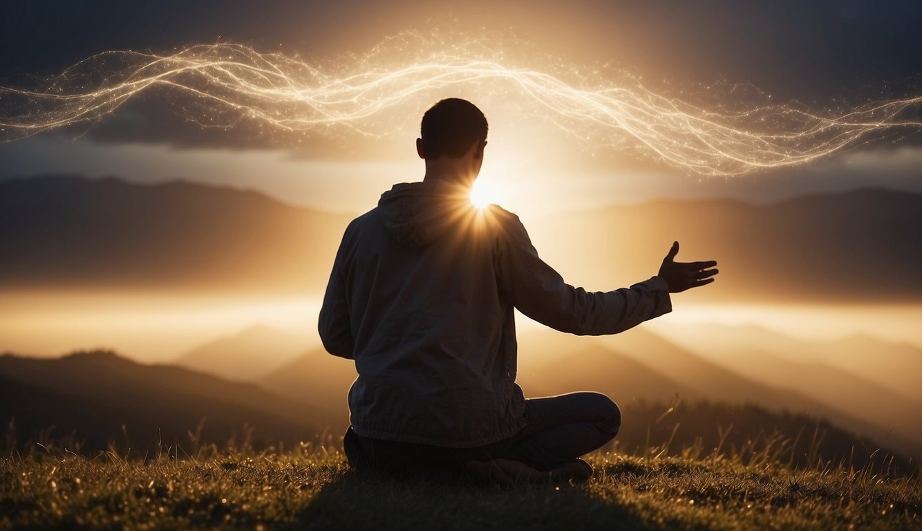 A person kneeling in prayer, surrounded by swirling winds and a glowing light, reaching out towards the heavens in a gesture of openness and receptivity
