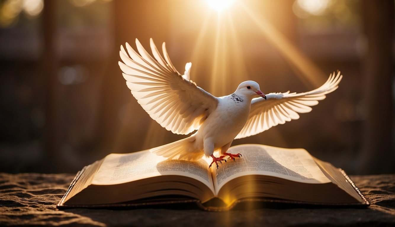 A radiant dove descends, surrounded by a warm, golden light. A book with ancient scriptures rests open, emanating a sense of wisdom and guidance