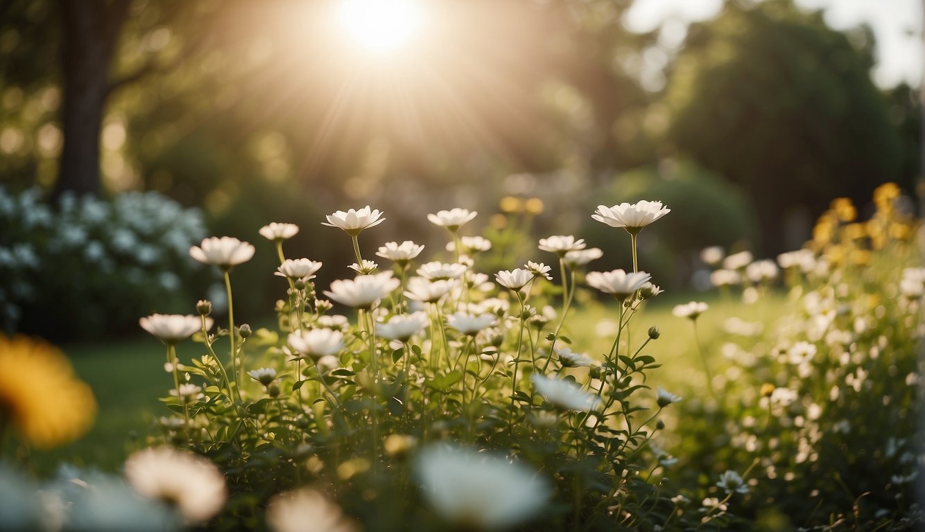A serene garden with a gentle breeze, blooming flowers, and a radiant light shining down from the sky, symbolizing a deep connection with the Holy Spirit