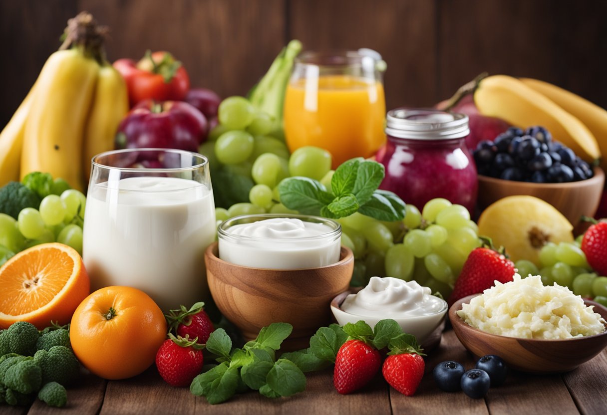 A colorful array of lactose-free probiotic-rich foods, such as yogurt, kefir, and sauerkraut, arranged on a table with vibrant fruits and vegetables in the background