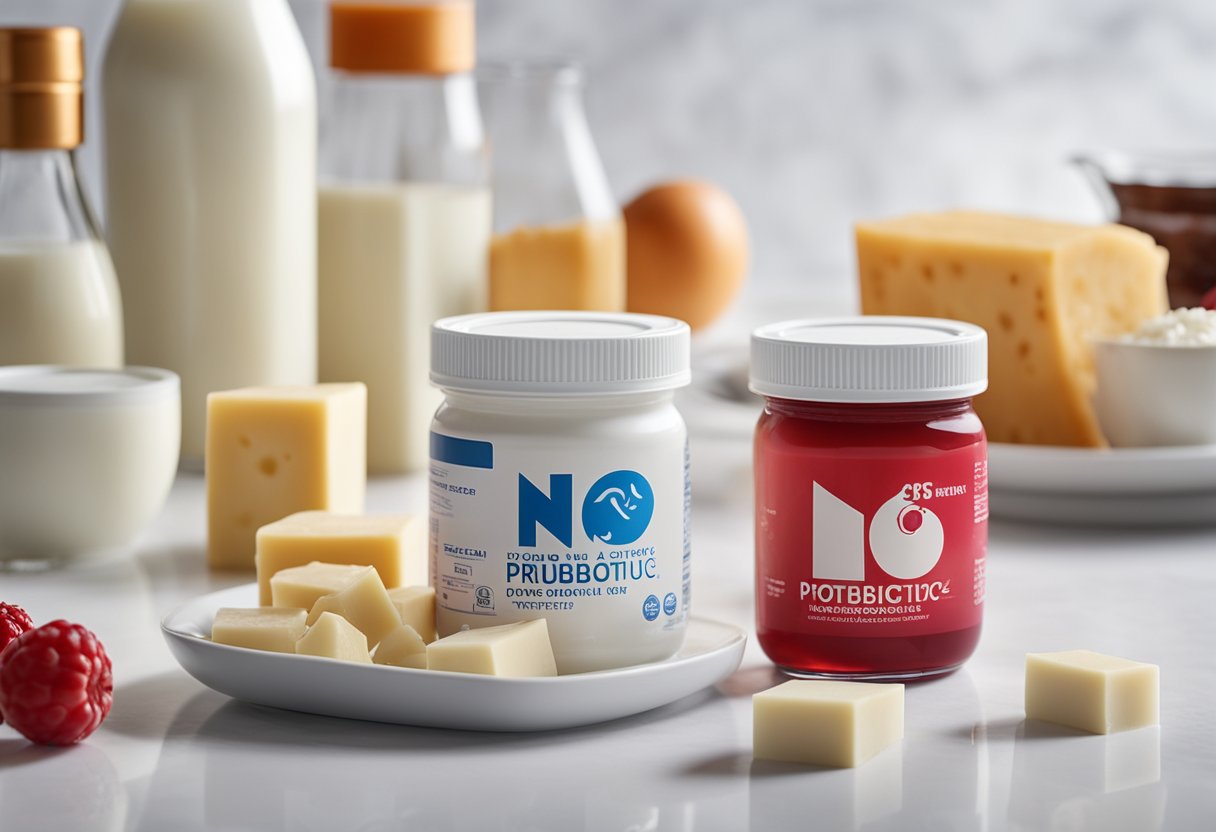A variety of lactose-free probiotics sit on a clean, white surface, surrounded by images of dairy products with a red "no" symbol over them