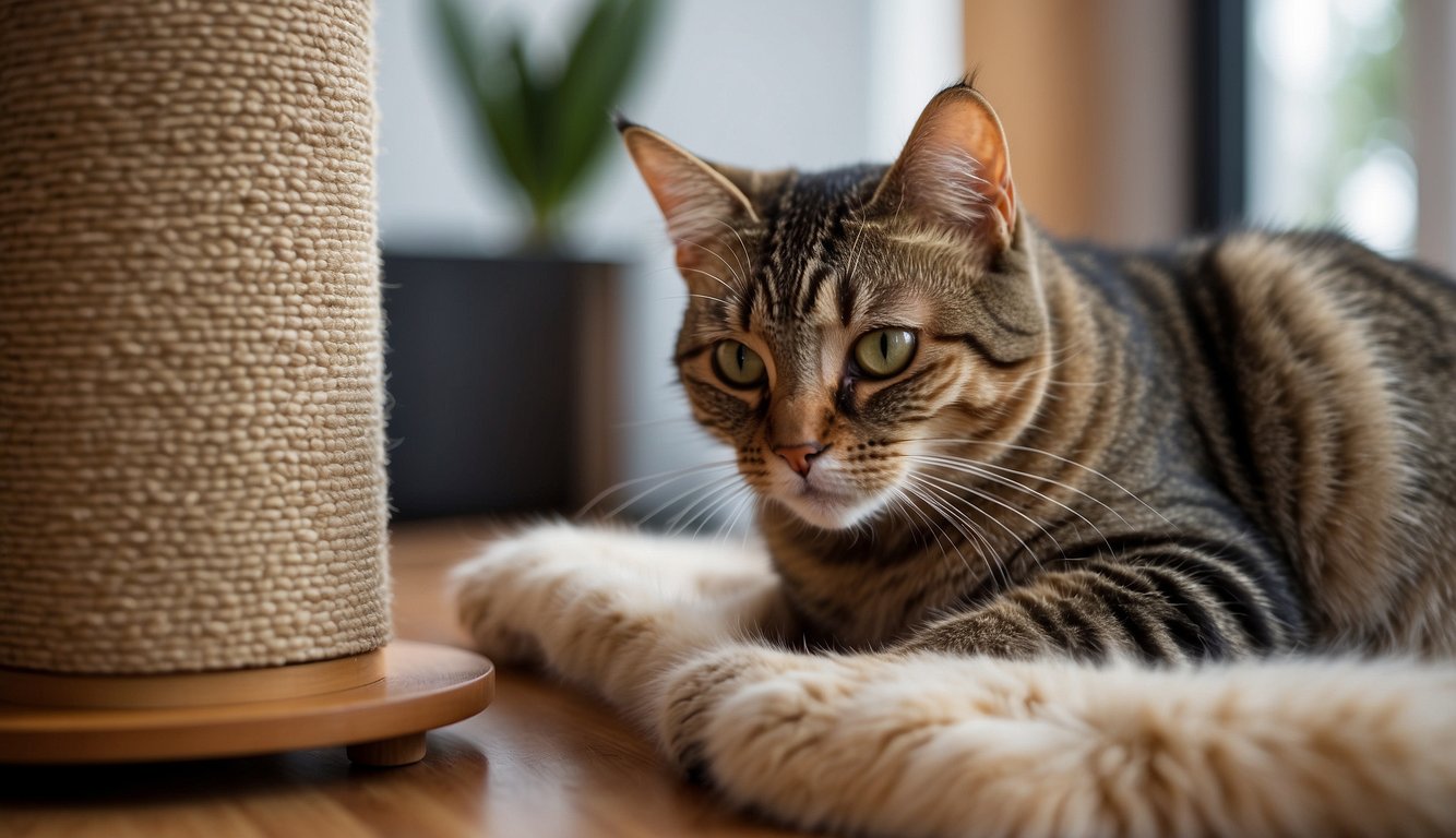 Cats scratching furniture, deterrent spray applied, scratching post nearby, cat happily using post