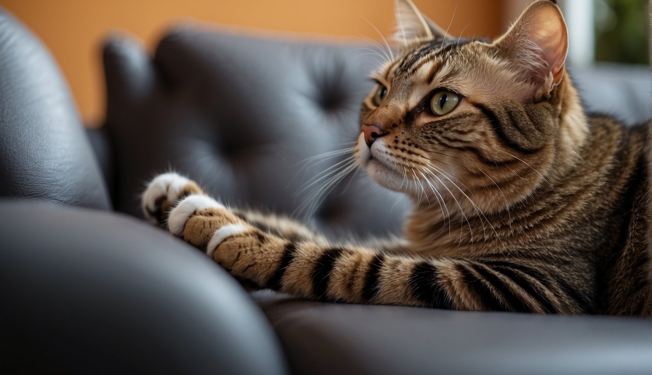 A cat is scratching the arm of a sofa. Nearby, a scratching post stands untouched. A cat owner looks on, frustrated