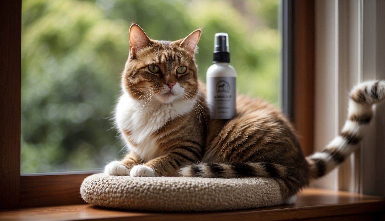 A cat scratching post placed near a cozy window seat. A cat lounges on the post, contentedly sharpening its claws. Nearby, a spray bottle labeled "Cat Deterrent" sits on a side table