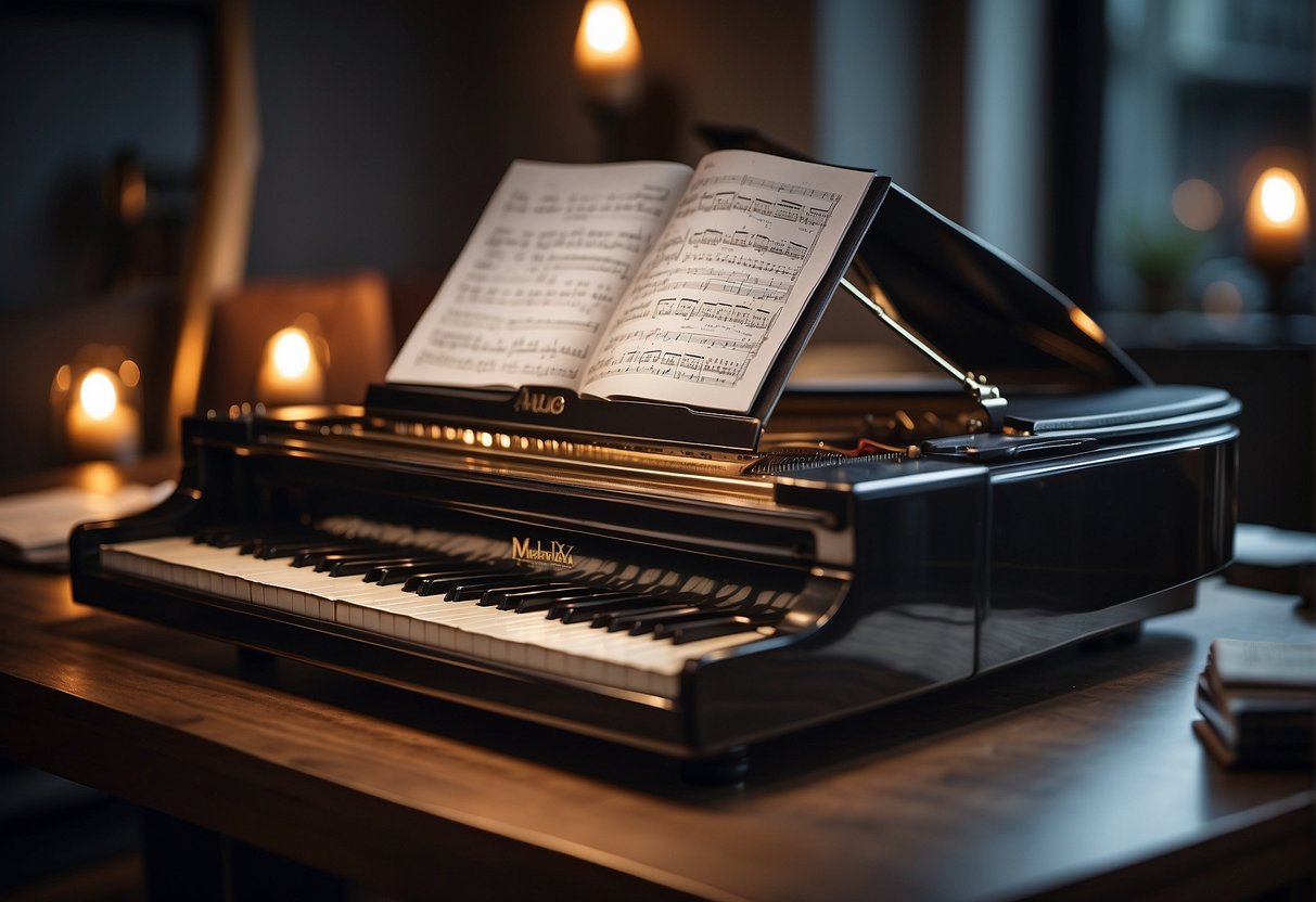 A laptop with a piano tutorial website open, surrounded by sheet music and a metronome