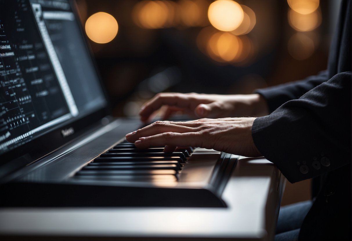 A person's hand hovers over a laptop, searching for online piano tutorials. A piano sits in the background, waiting to be played