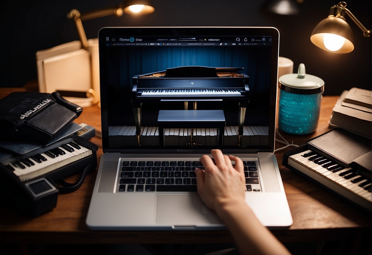 A person's hand reaches for a laptop surrounded by piano books and accessories. A piano keyboard is displayed on the screen, indicating online learning