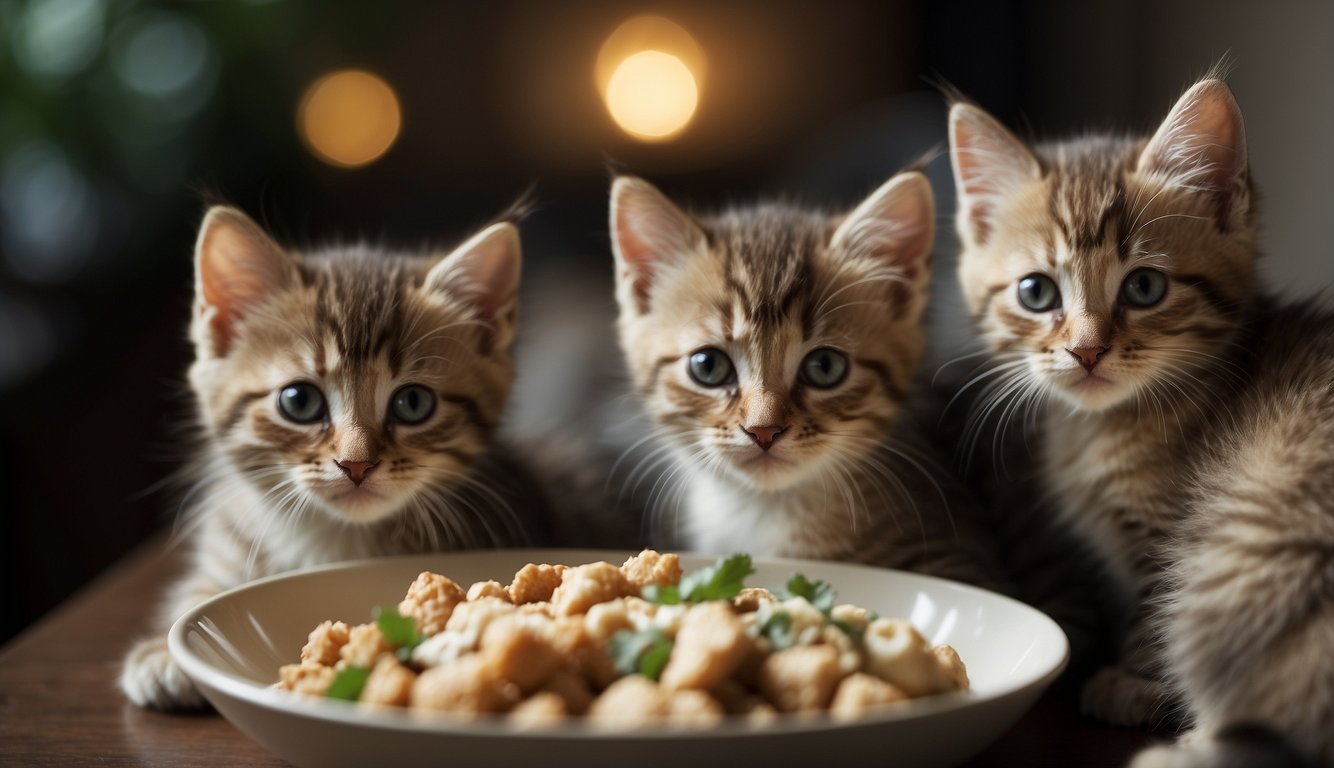 A group of kittens gather around a bowl of food, eagerly eating multiple times a day