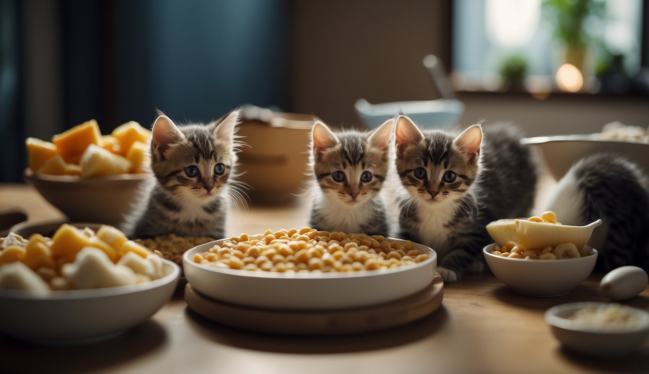 Kittens eating multiple times a day, surrounded by bowls of food and playful interaction with each other