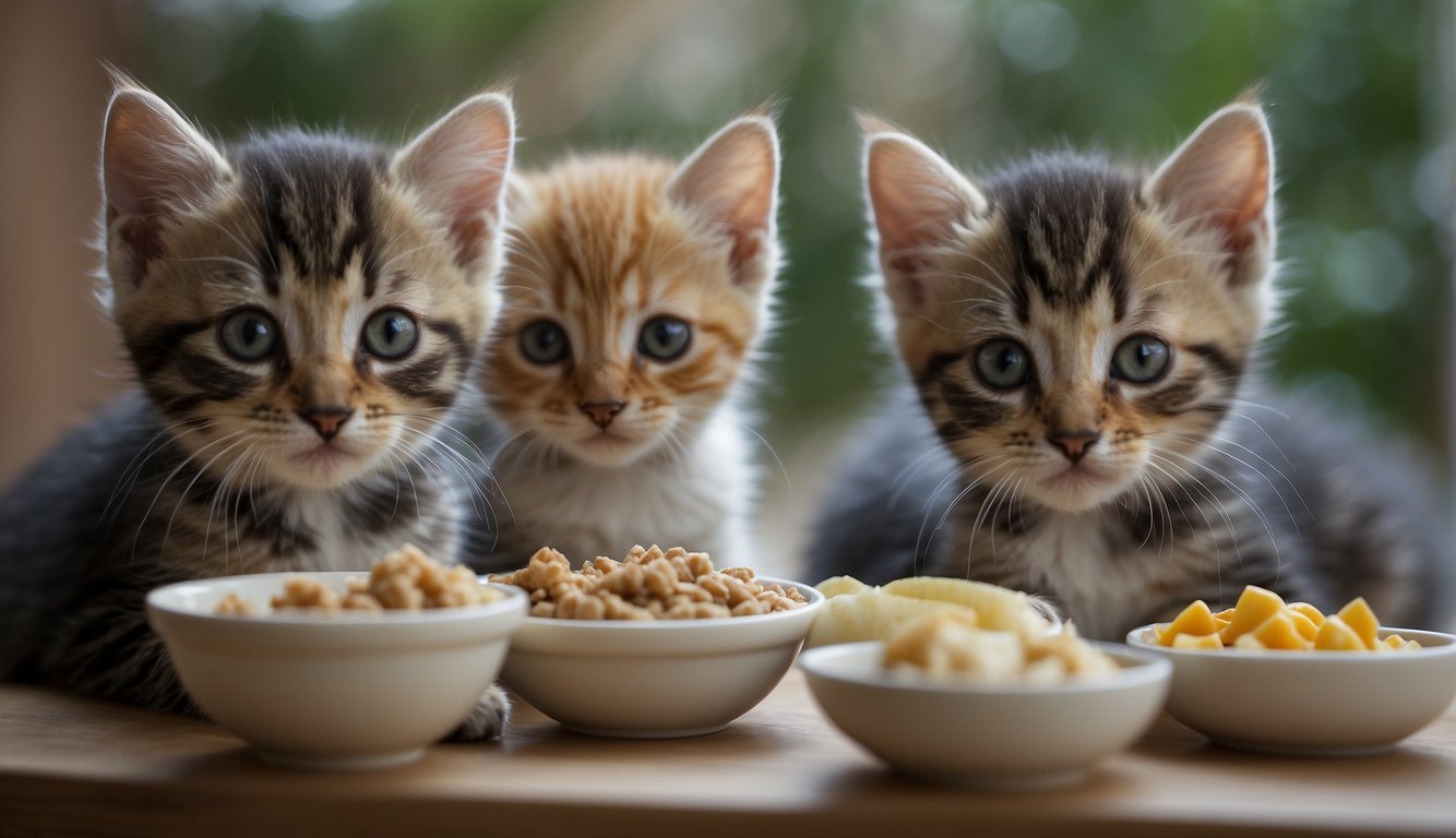 Kittens eat three times a day. They are gathered around small bowls of food, eagerly eating and playfully interacting with each other