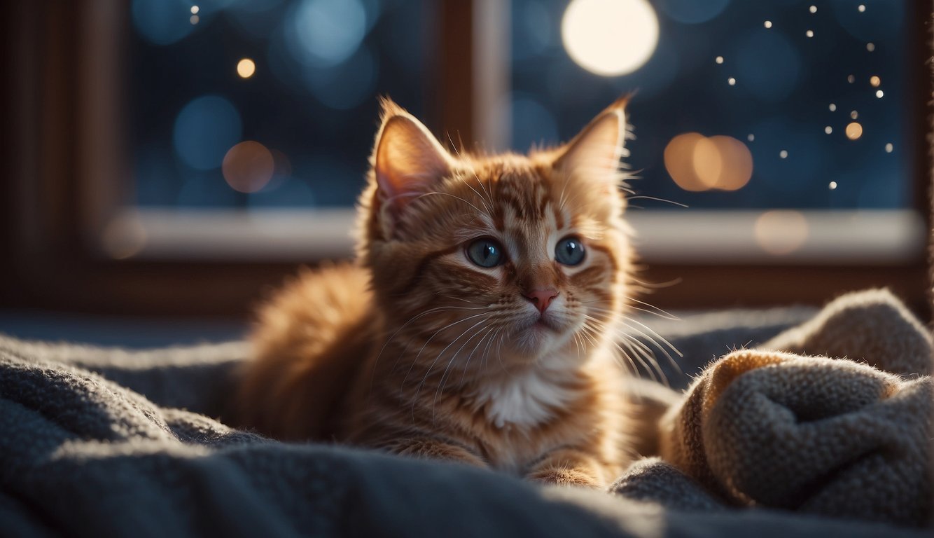 A cozy kitten bed with toys nearby. Moonlight shines through a window