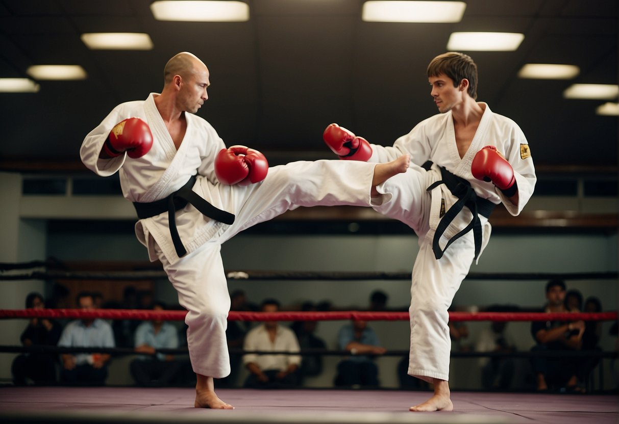 Two fighters in a martial arts stance, one checking a kick from the other. Focus on balance and technique