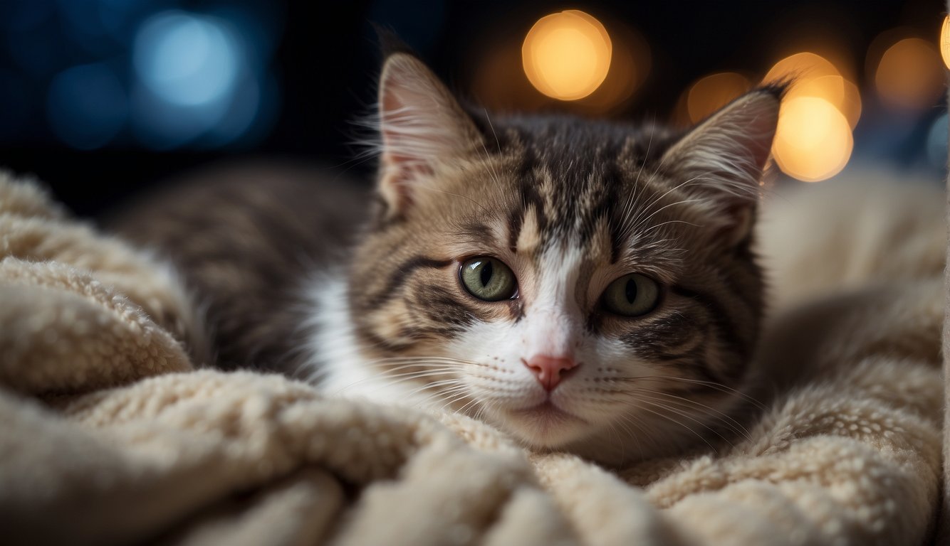 A cozy kitten curled up in a soft, warm bed, peacefully sleeping through the night