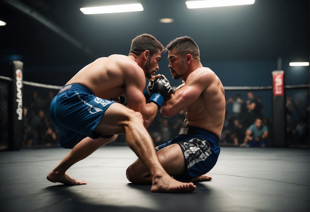 A fighter checks a kick by lifting their leg to block the opponent's strike. The impact is absorbed by the shin, demonstrating the principle of "No Pain, No Gain" in MMA conditioning