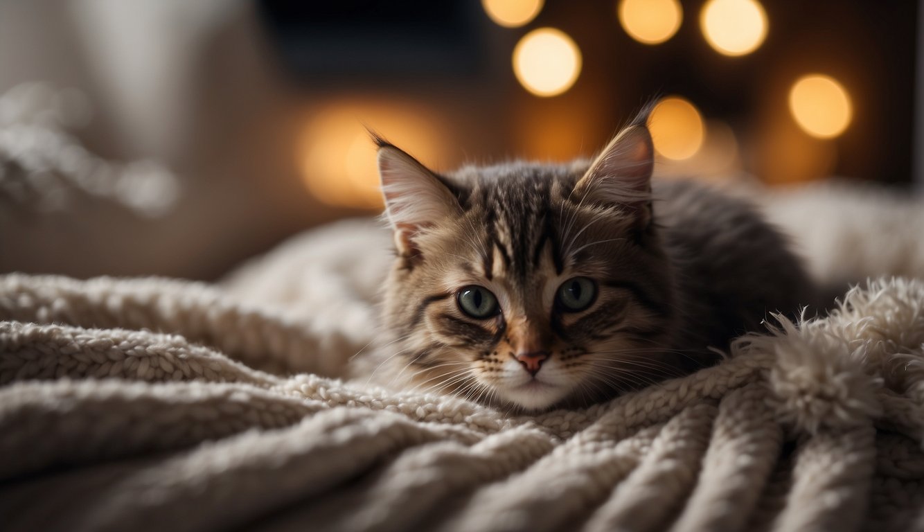 A cozy kitten bed with soft blankets, a warm nightlight, and a calming music player to encourage healthy sleep habits at night