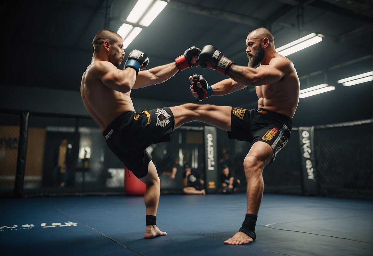 Two MMA fighters demonstrate checking kicks in a training session. One fighter raises their leg to block a kick from the other fighter