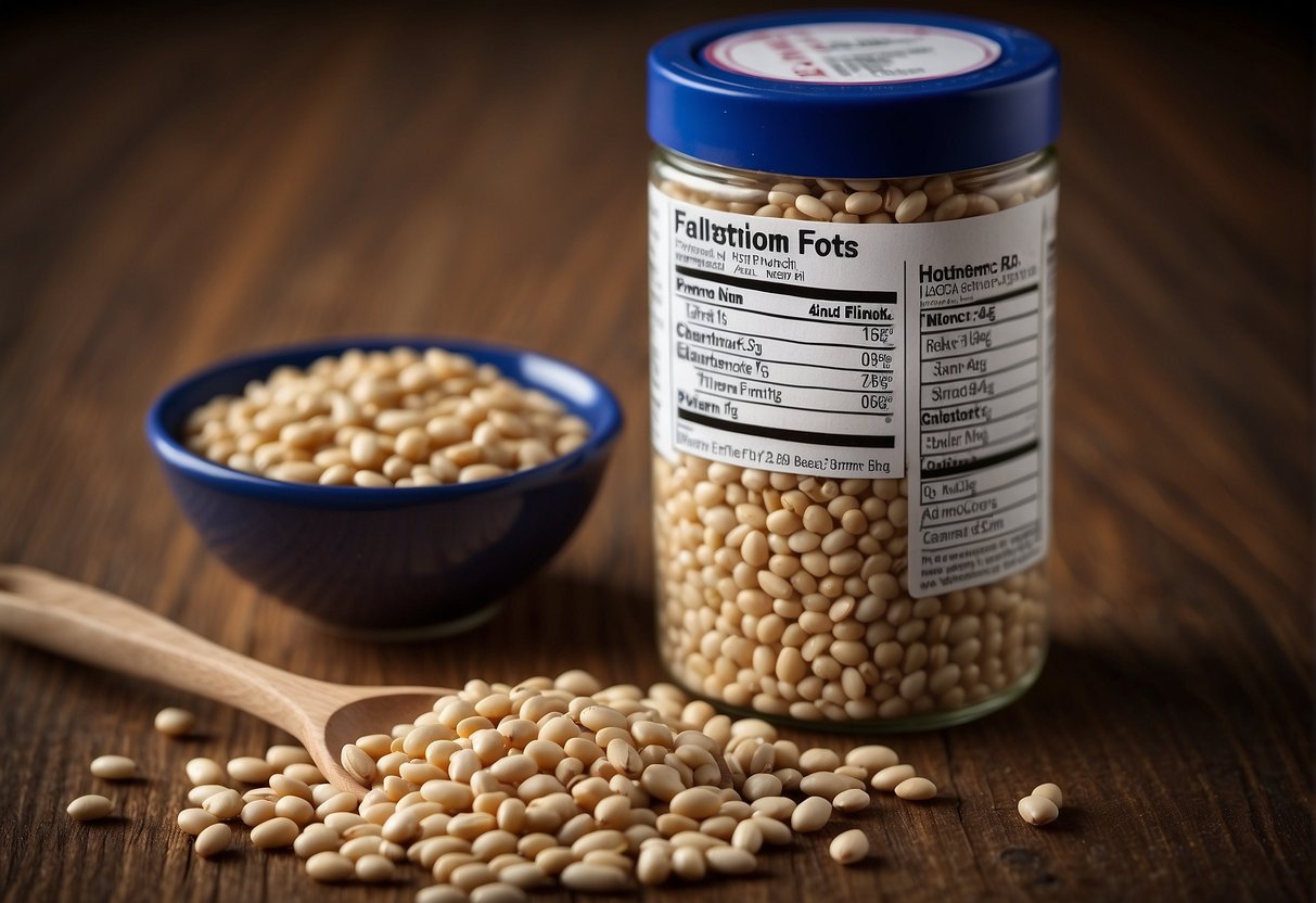A pile of navy beans sits on a wooden table, with a nutrition label next to it. The beans are small, oval-shaped, and a light creamy color