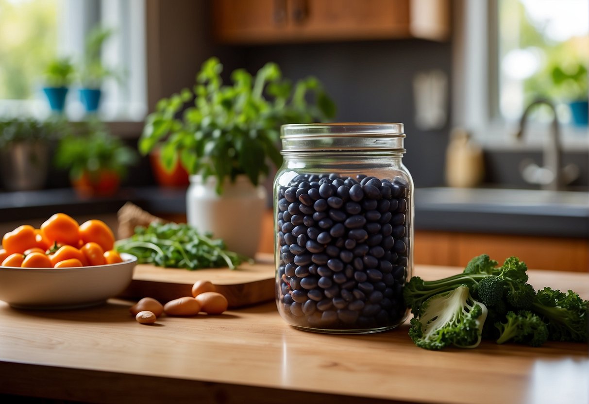 Navy beans sit in a glass jar on a wooden kitchen counter, surrounded by colorful vegetables and herbs. A pot simmers on the stove in the background