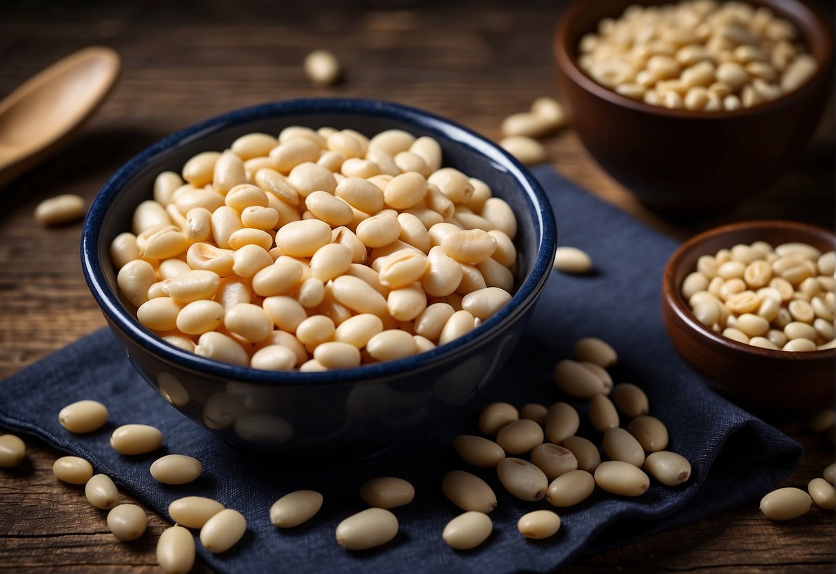 A bowl of navy beans sits on a wooden table, surrounded by a few loose beans scattered around. The beans are small, oval-shaped, and a pale creamy color
