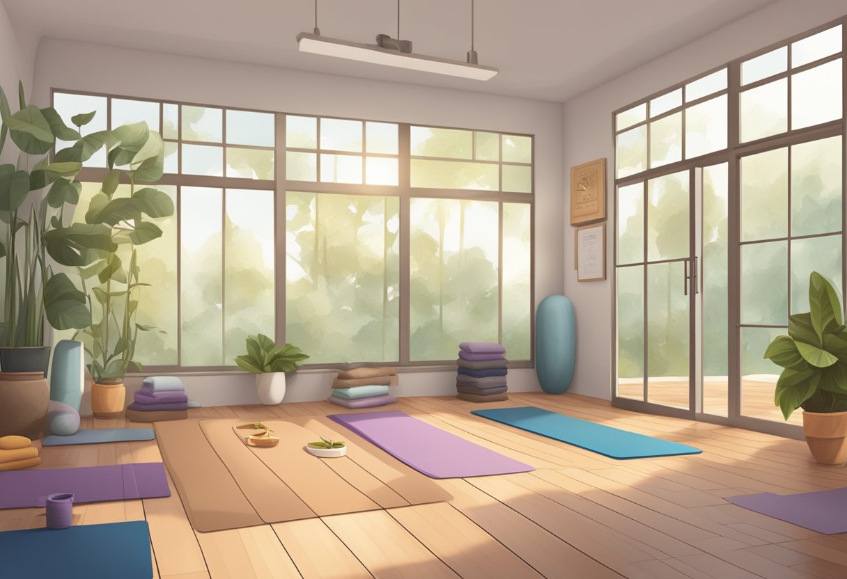 A serene studio with yoga mats and props, a peaceful atmosphere, and a sign saying "Yoga Instructor Training Program."