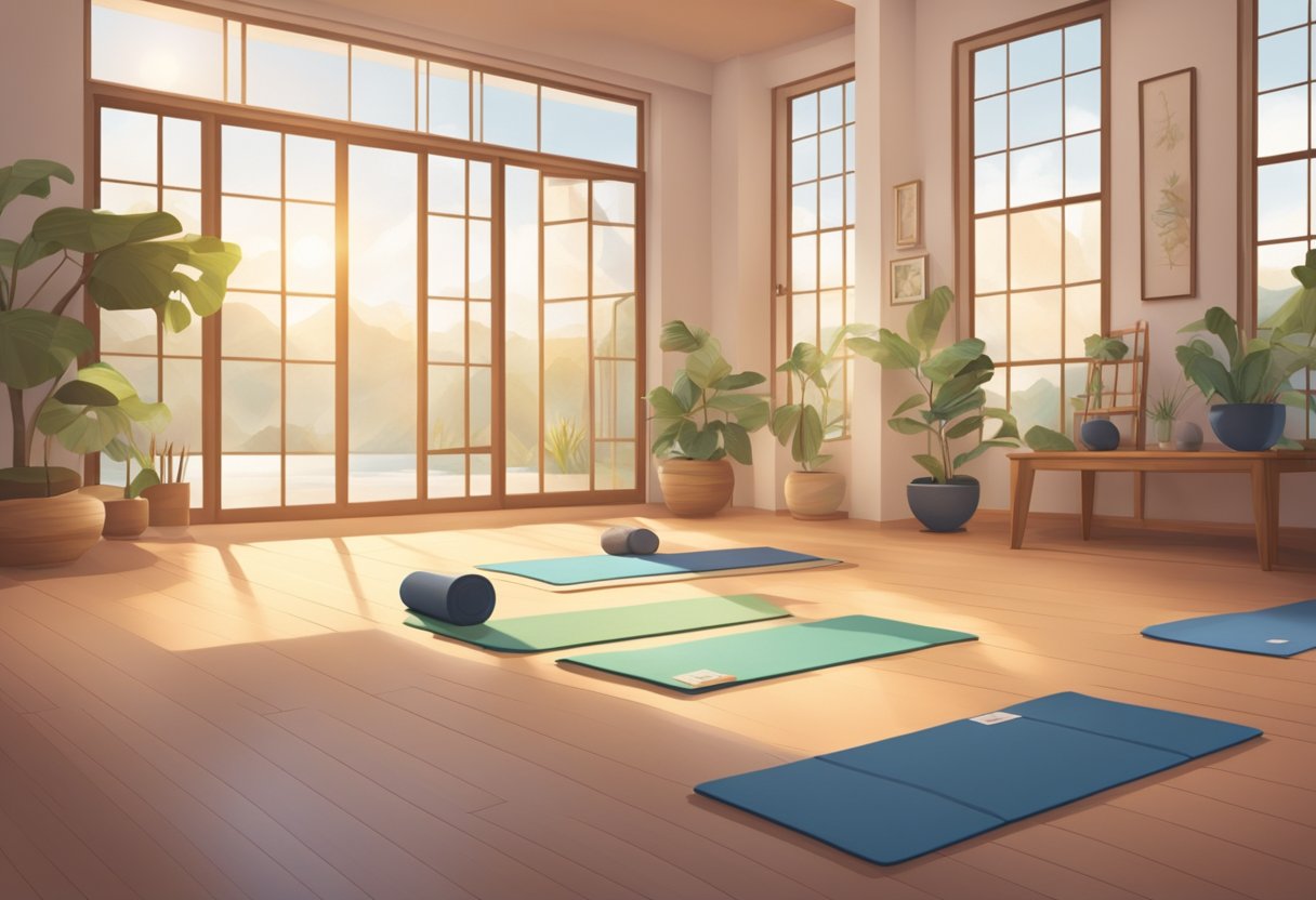A serene yoga studio with mats, props, and calming decor. A peaceful atmosphere with soft lighting and soothing music