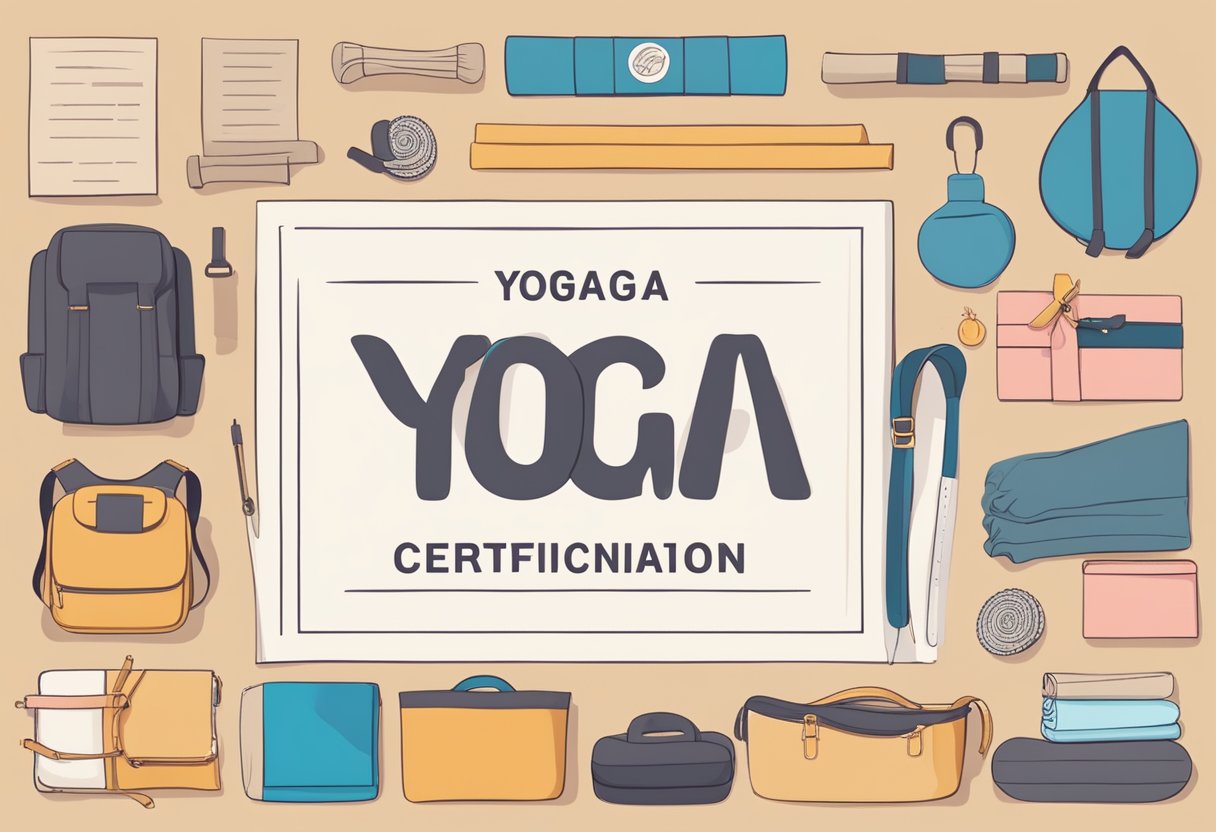 A person holding a yoga certification, surrounded by yoga props like mats, blocks, and straps, with a list of qualifications and requirements displayed nearby